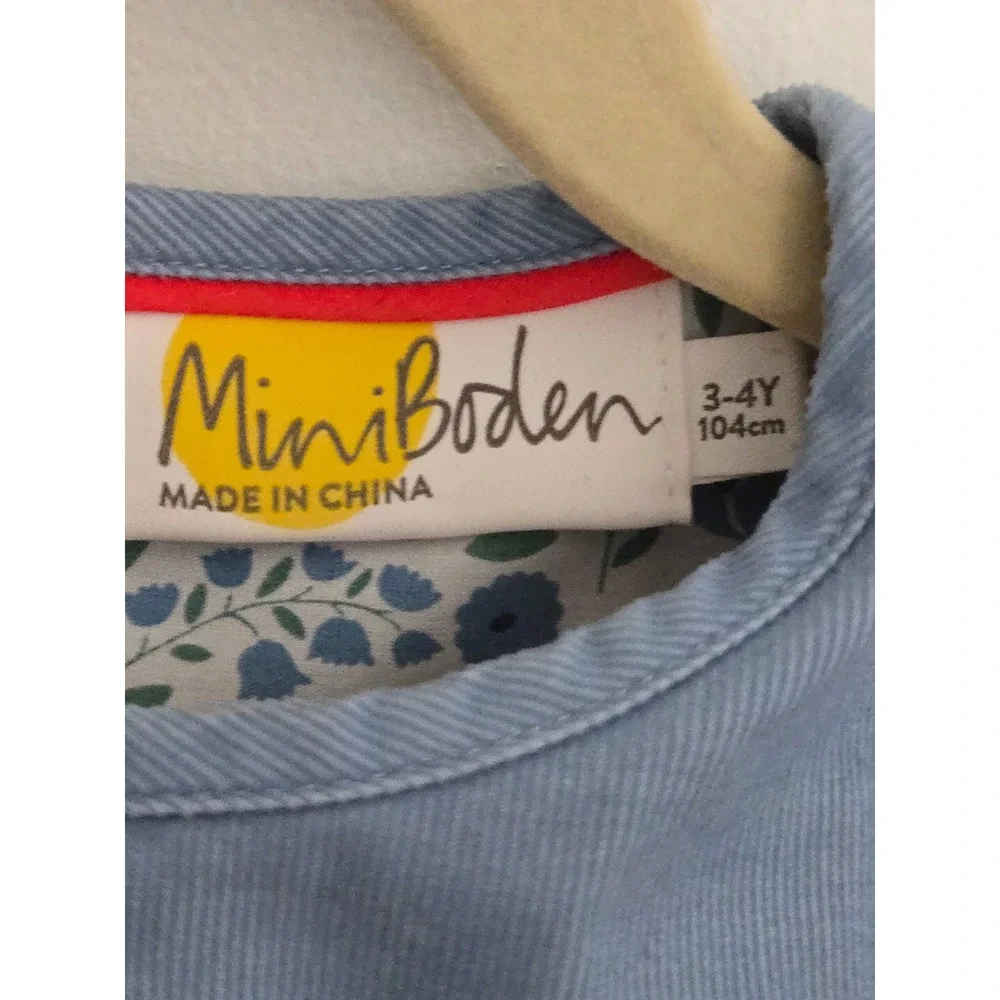 Mini Boden Girls Blue Corduroy Floral Lined Ruffle‎ Dress 3-4Y 104cm